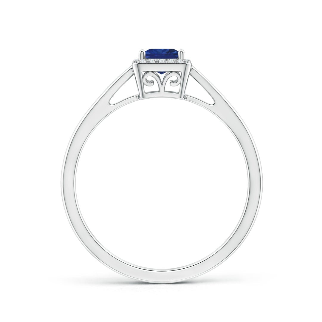 Cathedral Princess Cut Lab Sapphire with Halo Moissanite Promise Ring