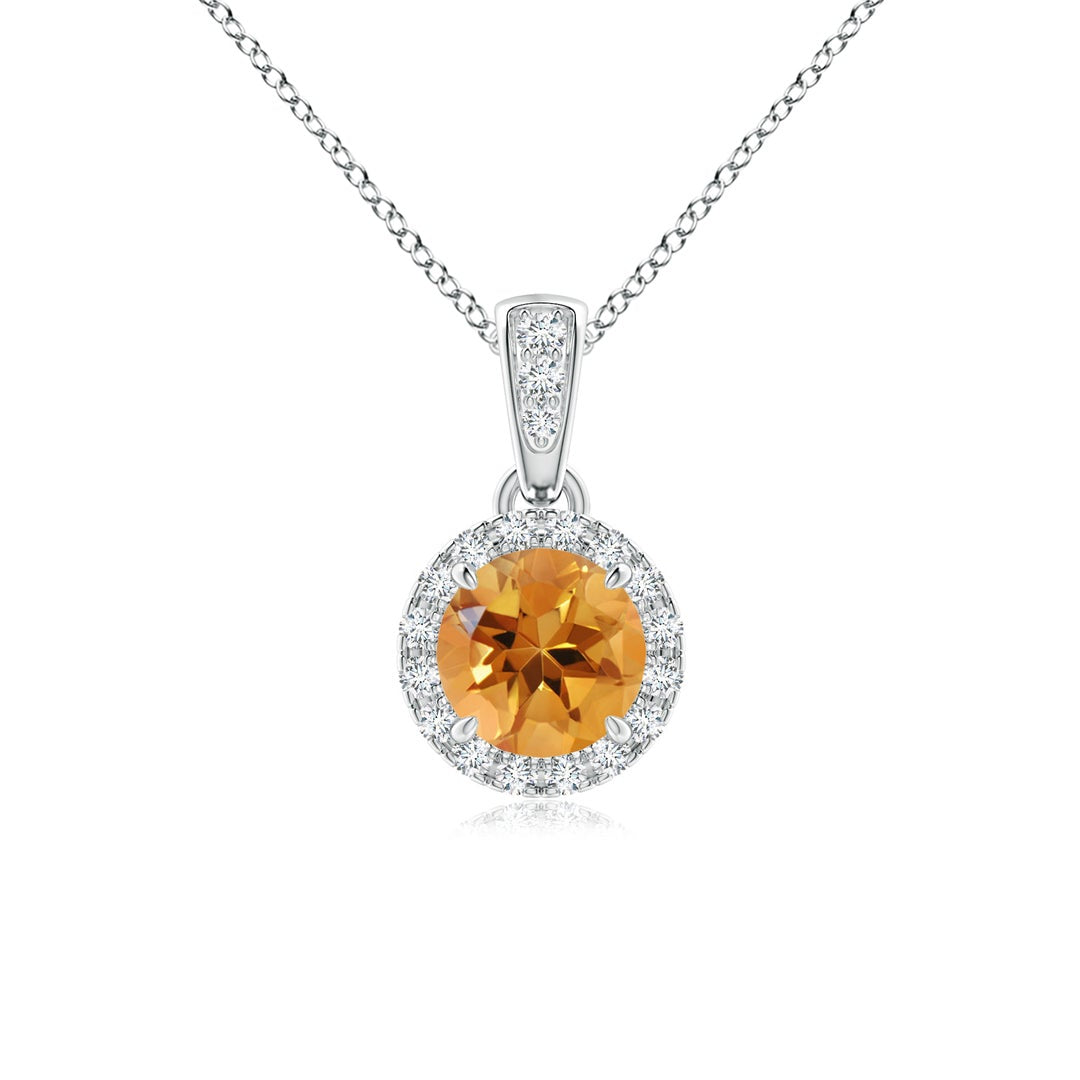 Round Citrine with Moissanite Halo Bale Pendant Necklace