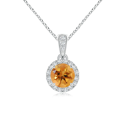 Round Citrine with Moissanite Halo Bale Pendant Necklace