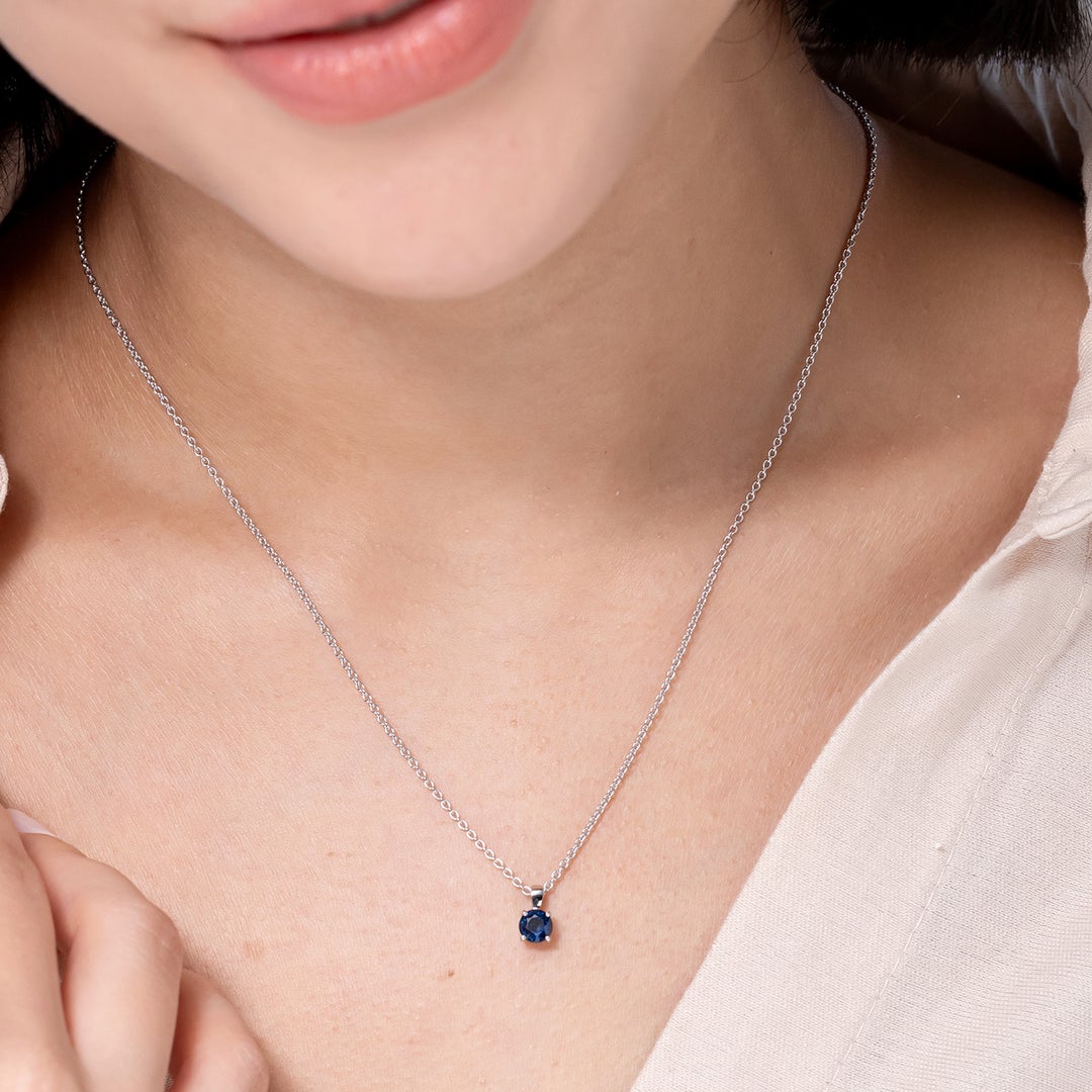Classic Prong-Set Round Lab-Grown Blue Sapphire Solitaire Pendant Necklace
