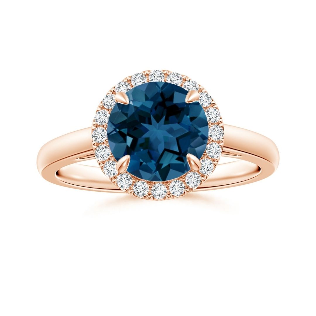Classic Round London Blue Topaz Halo Moissanite Pavé Accents Engagement Ring