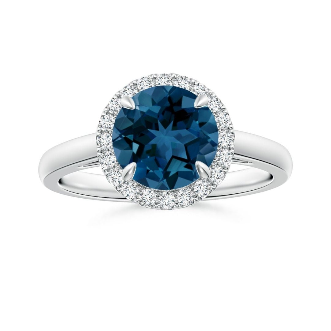 Classic Round London Blue Topaz Halo Moissanite Pavé Accents Engagement Ring