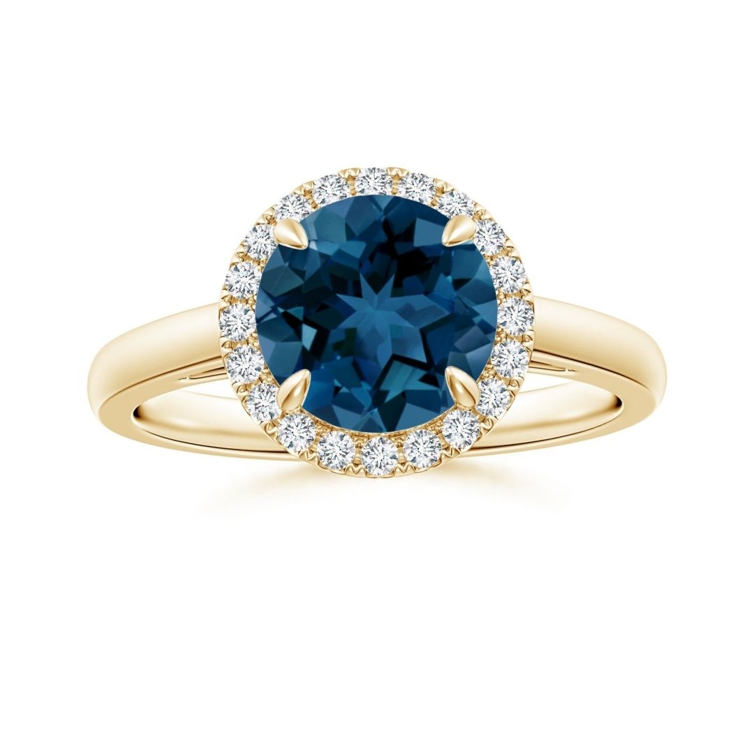 Classic Round London Blue Topaz Halo Moissanite Pavé Accents Engagement Ring