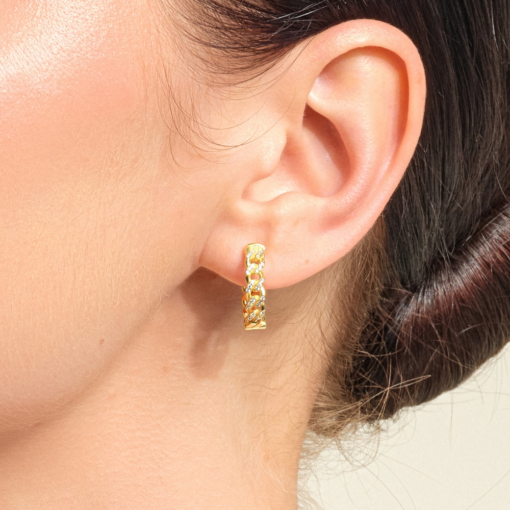 Cuban Chain Diamond Huggie Hoop Earrings