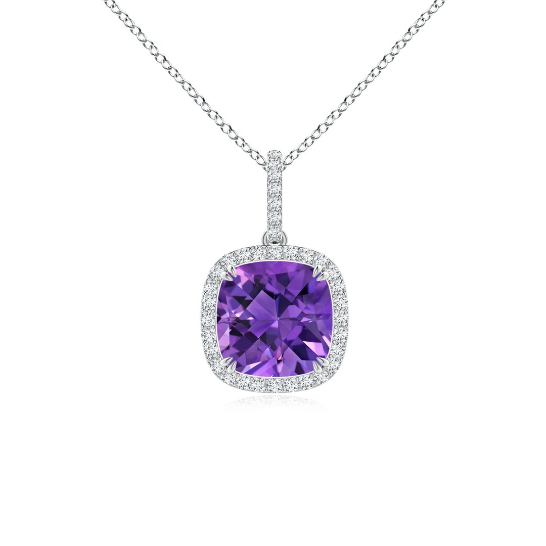Cushion Amethyst Necklace with Moissanite Accent Pendant