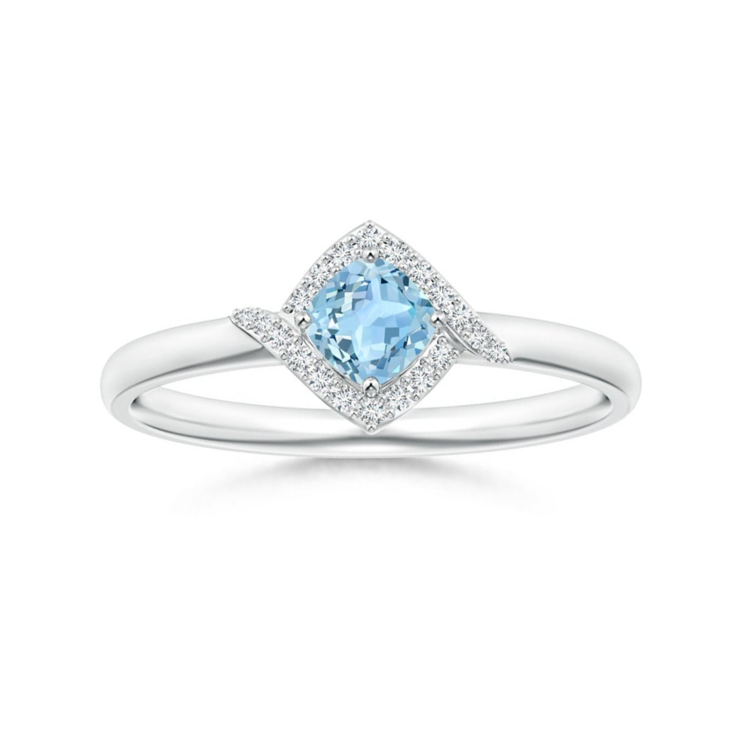 Cushion-Cut Aquamarine with Bypass Moissanite Halo Promise Ring