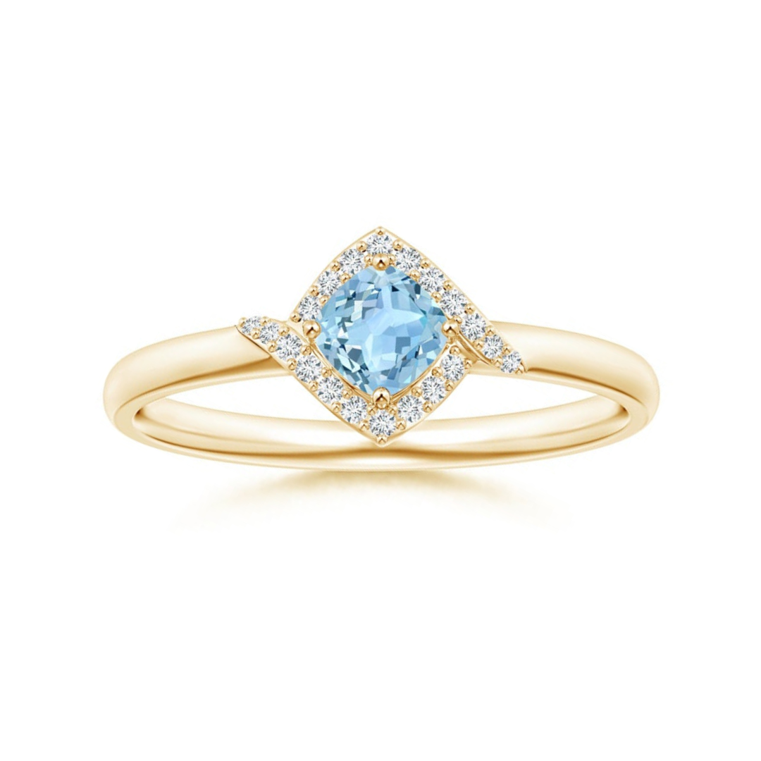 Cushion-Cut Aquamarine with Bypass Moissanite Halo Promise Ring
