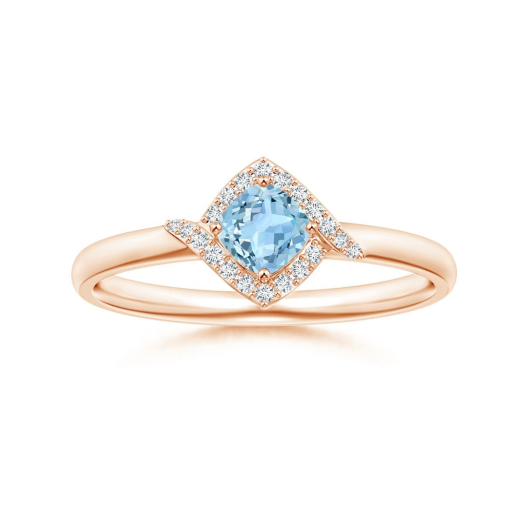 Cushion-Cut Aquamarine with Bypass Moissanite Halo Promise Ring