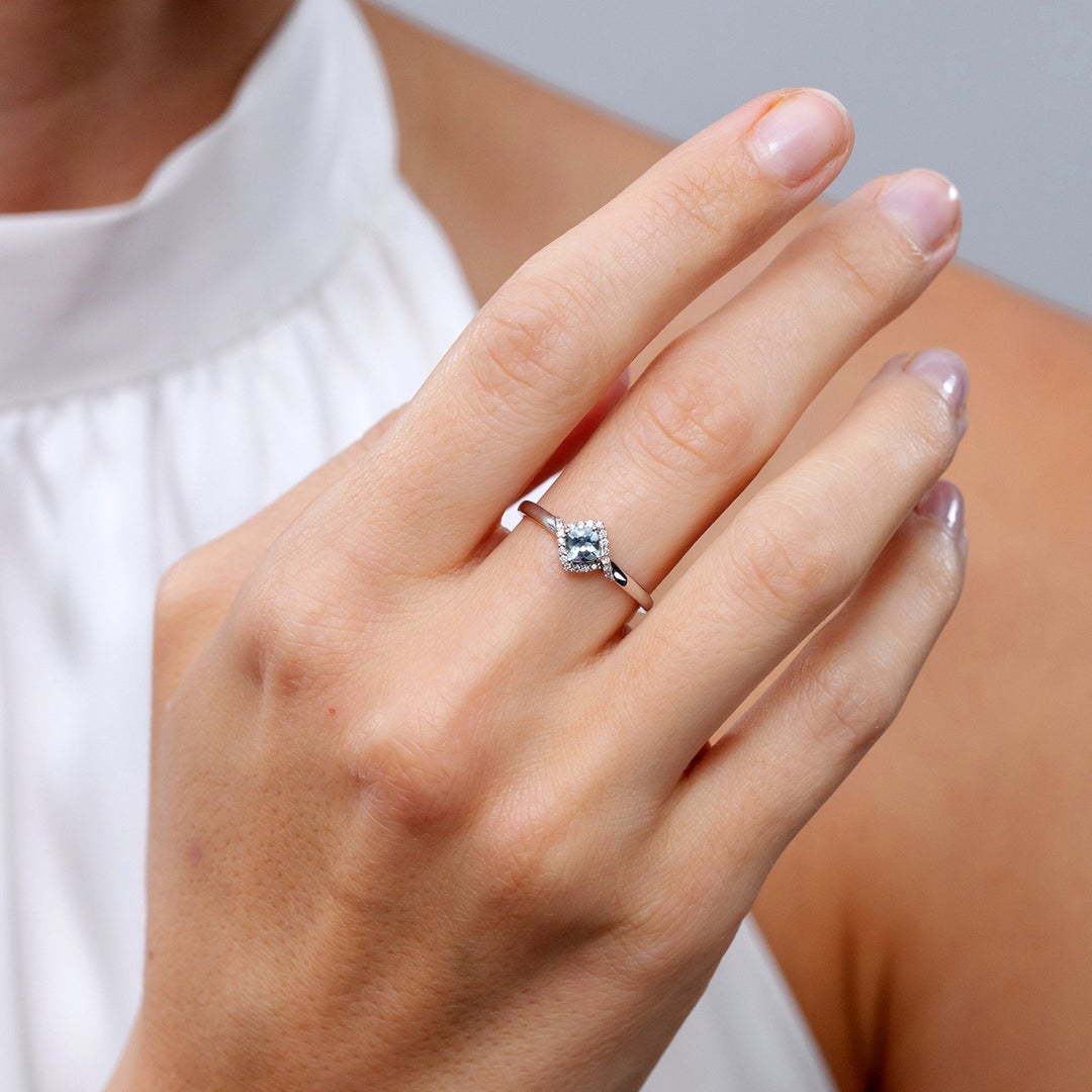 Cushion-Cut Aquamarine with Bypass Moissanite Halo Promise Ring