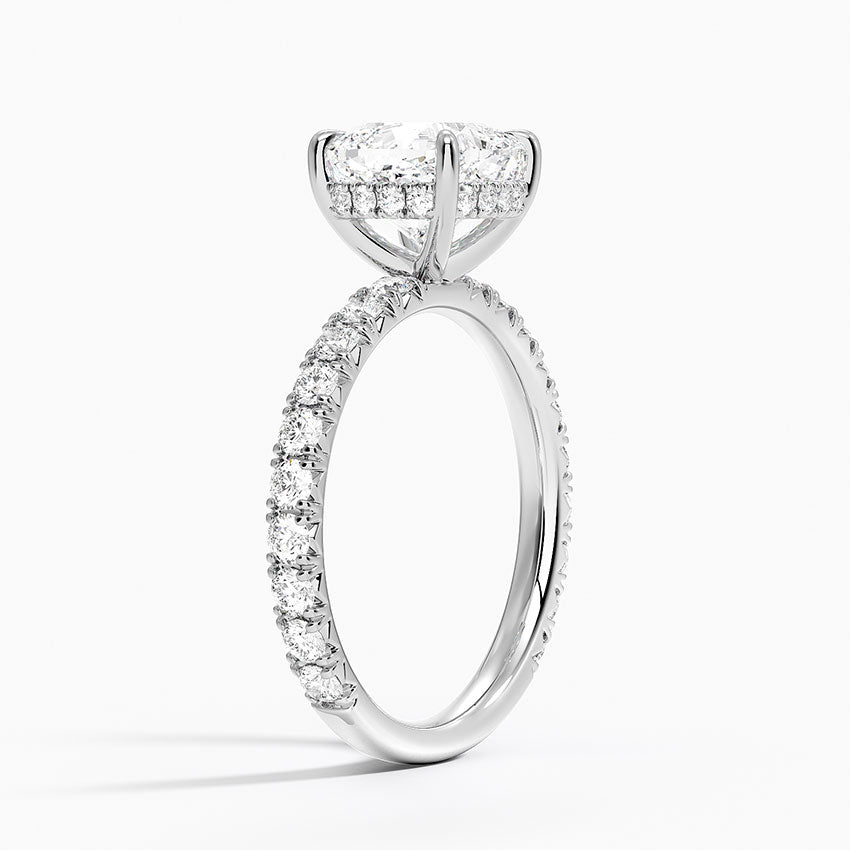 Cushion Cut French Pavé Moissanite Engagement Ring with Hidden Halo