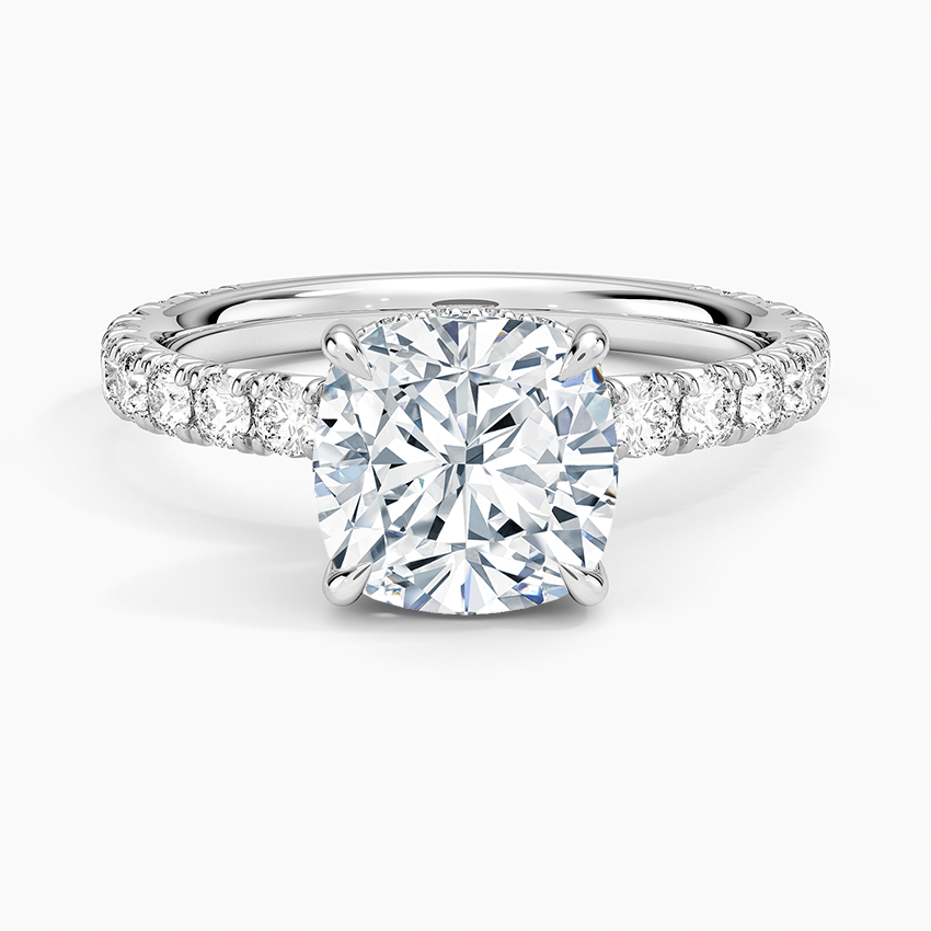 Cushion Cut French Pavé Moissanite Engagement Ring with Hidden Halo