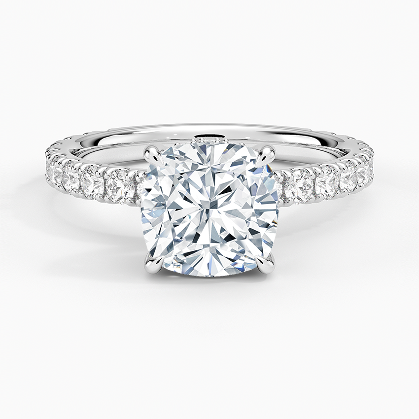 Cushion Cut Three-Quarter Pavé Band Moissanite Engagement Ring with Hidden Halo