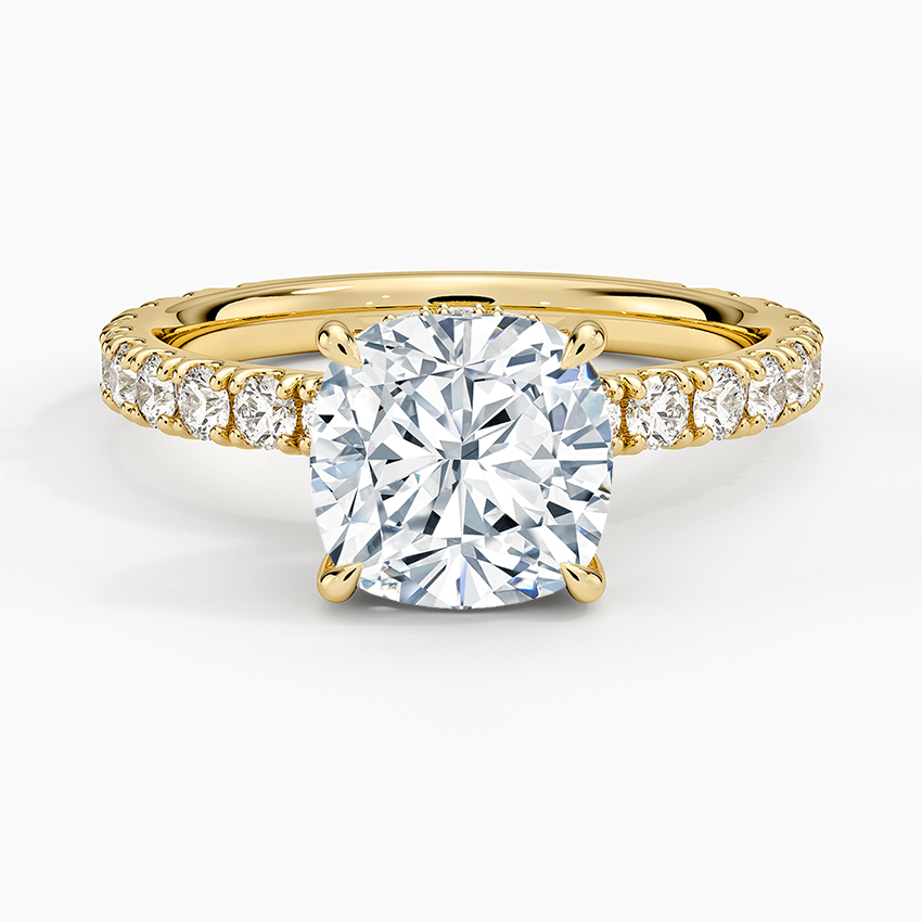 Cushion Cut Three-Quarter Pavé Band Moissanite Engagement Ring with Hidden Halo