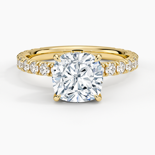 Cushion Cut Three-Quarter Pavé Band Moissanite Engagement Ring with Hidden Halo