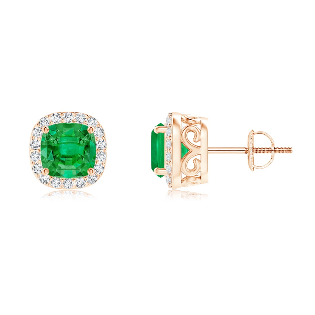 Cushion-Cut Lab-Created Emerald Halo with Moissanite Stud Earrings