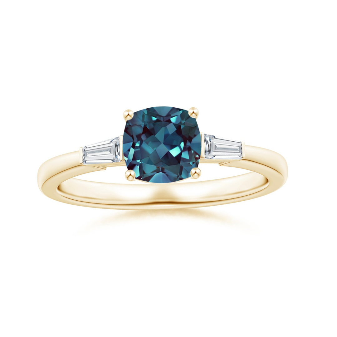 Cushion Lab Alexandrite with Bar-Set Tapered Baguette Moissanite Engagement Ring