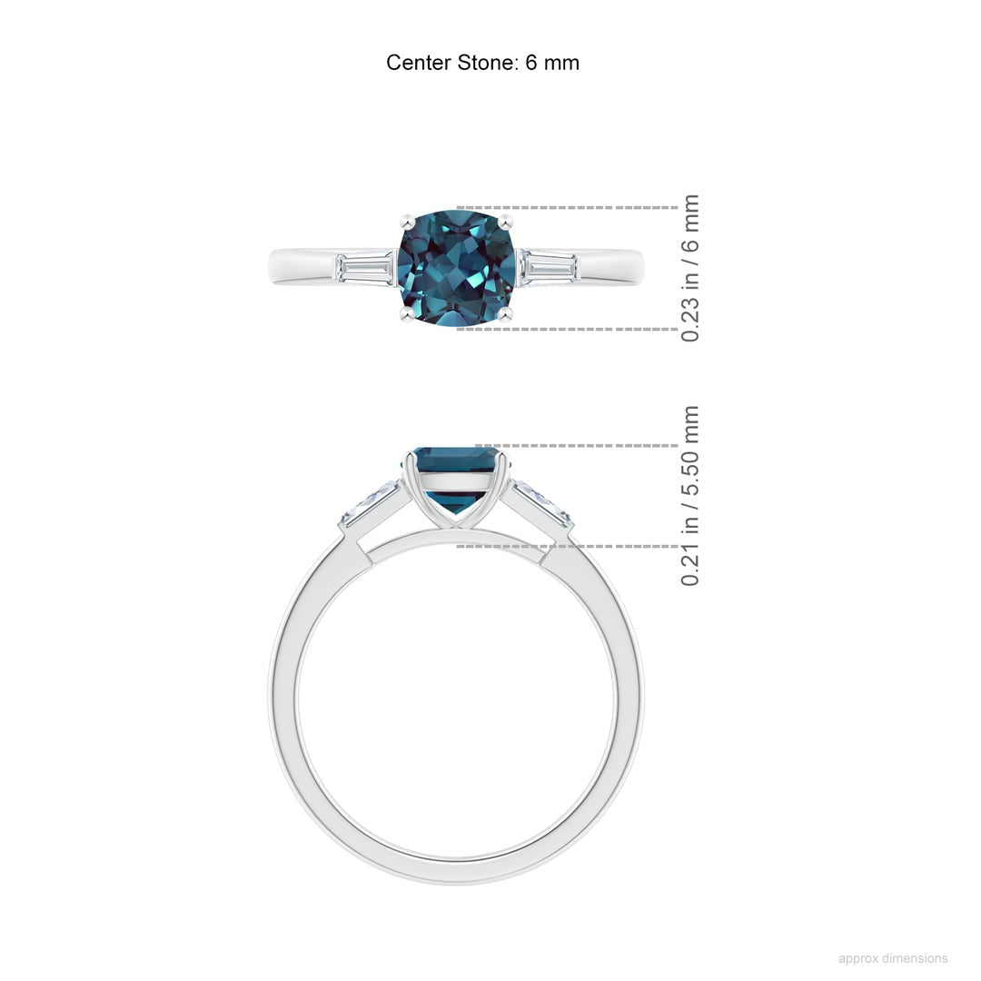 Cushion Lab Alexandrite with Bar-Set Tapered Baguette Moissanite Engagement Ring