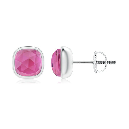 Domed Cushion Pink Tourmaline Bezel Stud Earrings
