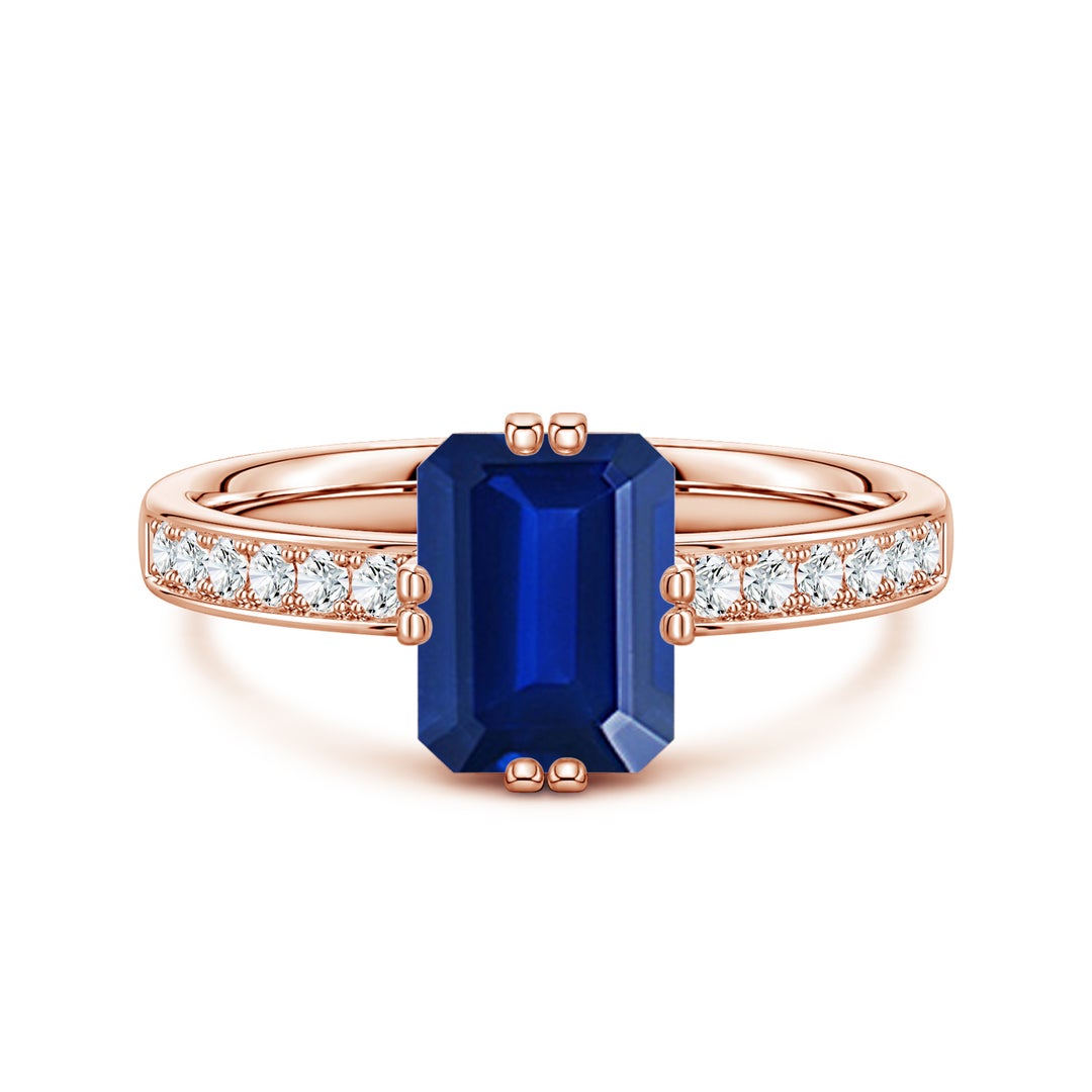 Double Flat Prongs Emerald Lab Blue Sapphire with Pavé Moissanite Engagement Ring
