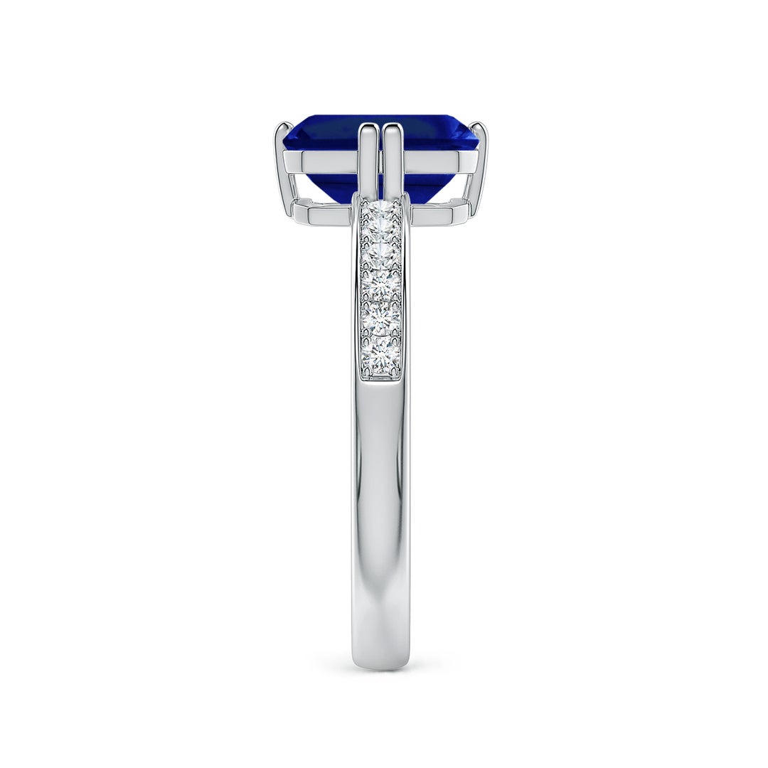 Double Flat Prongs Emerald Lab Blue Sapphire with Pavé Moissanite Engagement Ring