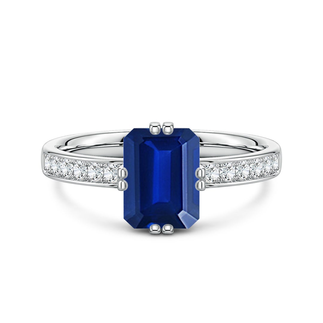 Double Flat Prongs Emerald Lab Blue Sapphire with Pavé Moissanite Engagement Ring