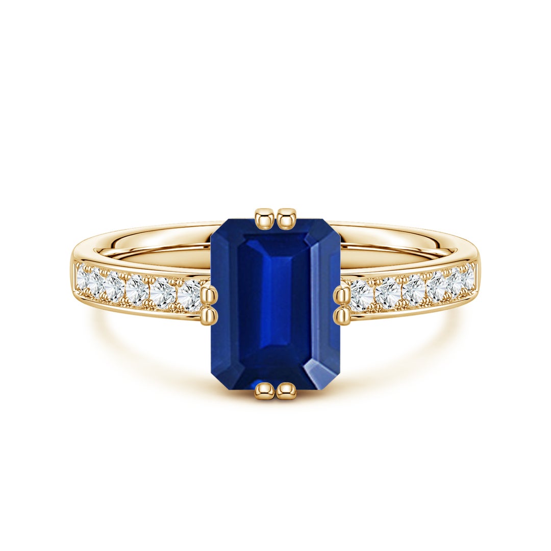 Double Flat Prongs Emerald Lab Blue Sapphire with Pavé Moissanite Engagement Ring