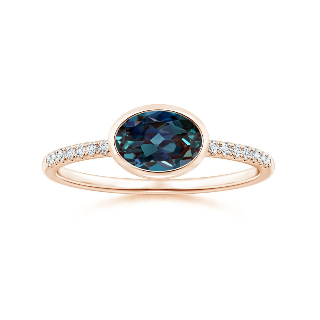 East-West Bezel Oval Lab Alexandrite with Moissanite Accents Engagement Ring