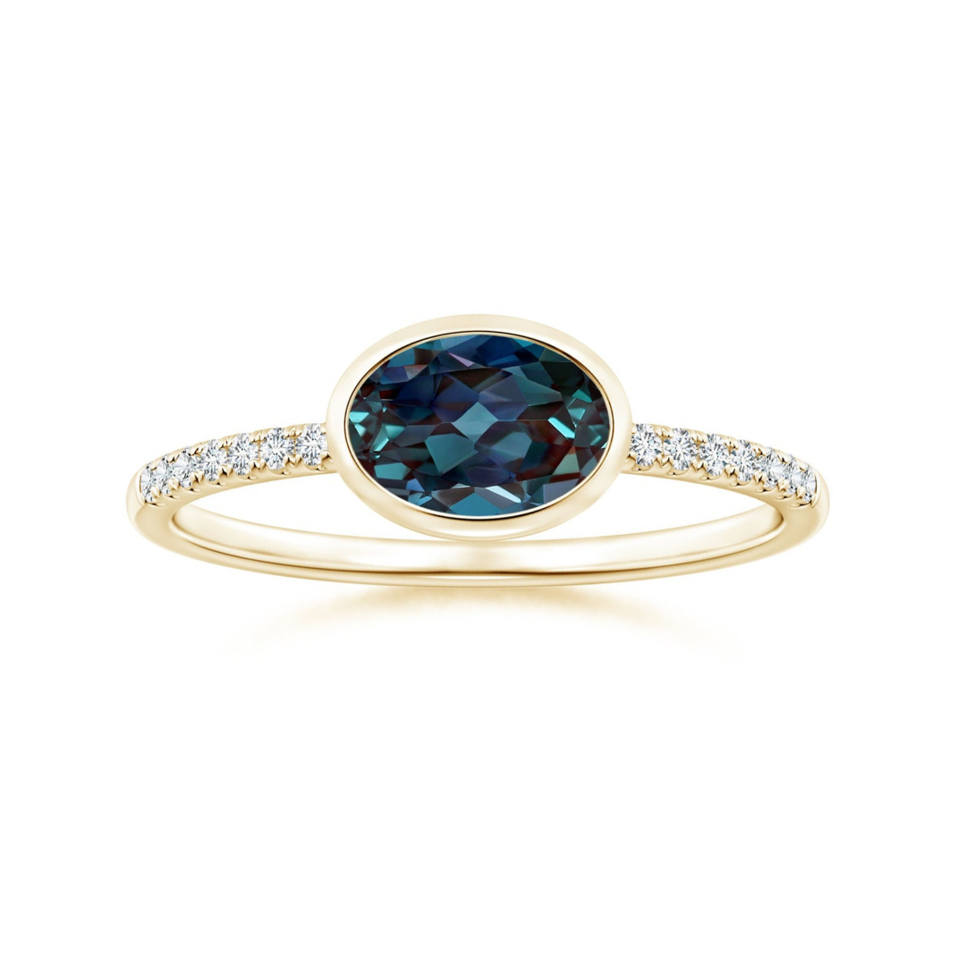East-West Bezel Oval Lab Alexandrite with Moissanite Accents Engagement Ring