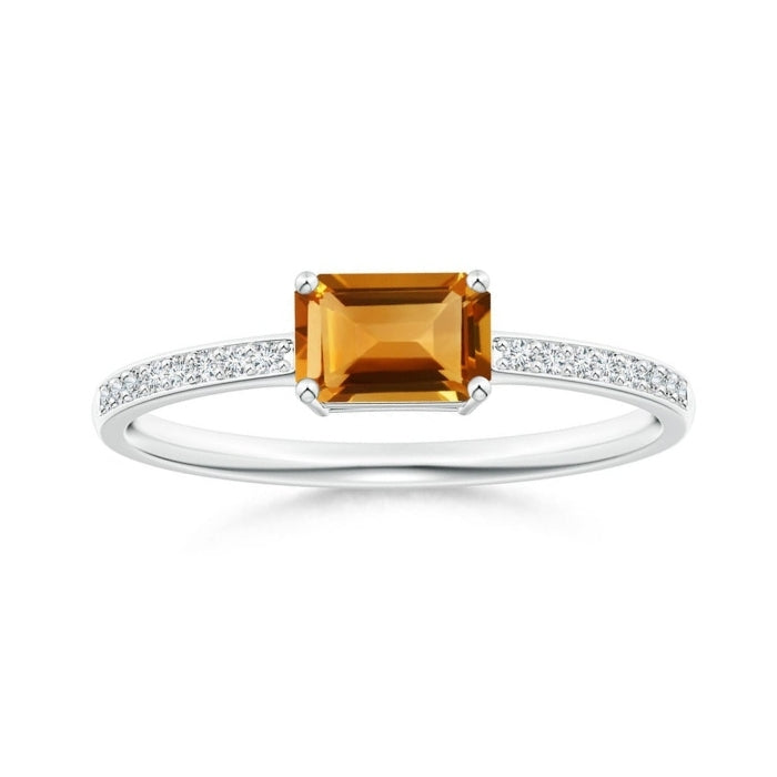 East-West Emerald Cut Citrine with Pavé Moissanite Band Promise Ring