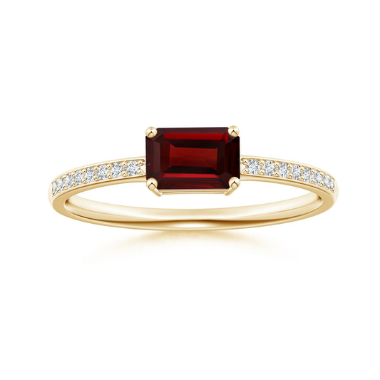 East-West Emerald Cut Garnet with Pavé Moissanite Band Promise Ring