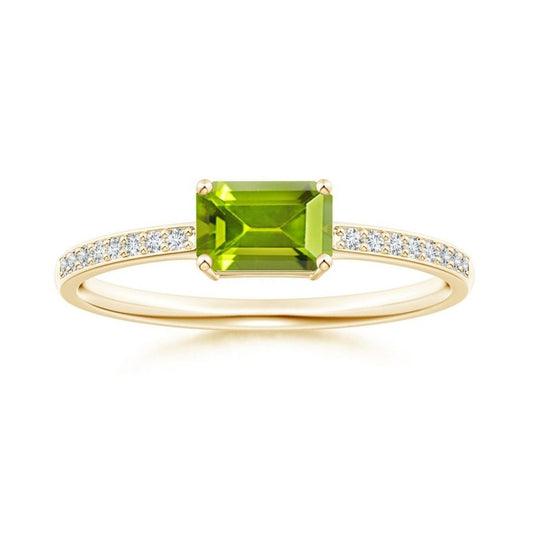 East-West Emerald Cut Peridot with Pavé Moissanite Band Promise Ring