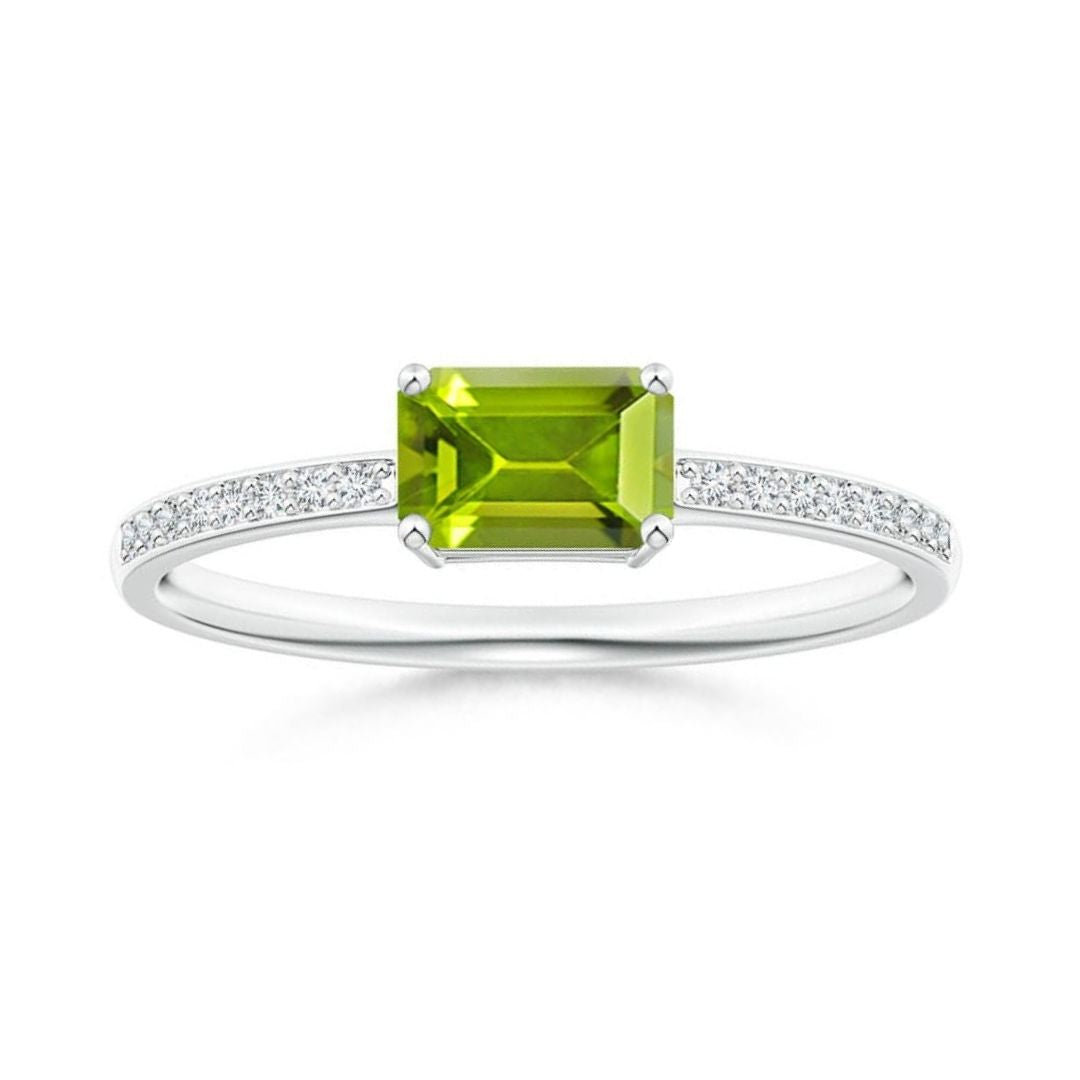 East-West Emerald Cut Peridot with Pavé Moissanite Band Promise Ring
