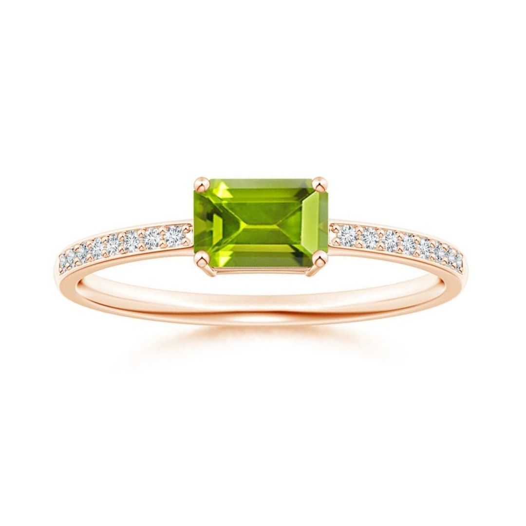 East-West Emerald Cut Peridot with Pavé Moissanite Band Promise Ring