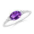 East-West Oval Amethyst Solitaire Engagement Ring with Moissanite Accents