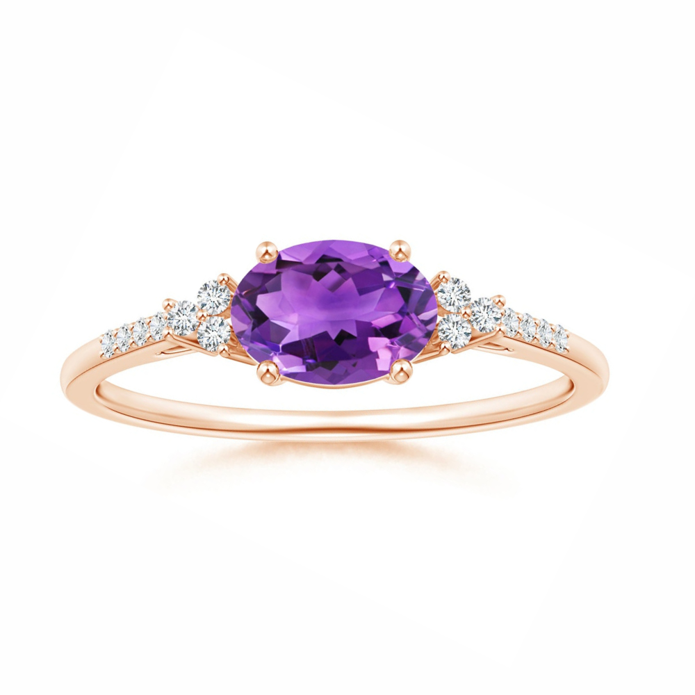 East-West Oval Amethyst Solitaire Engagement Ring with Moissanite Accents