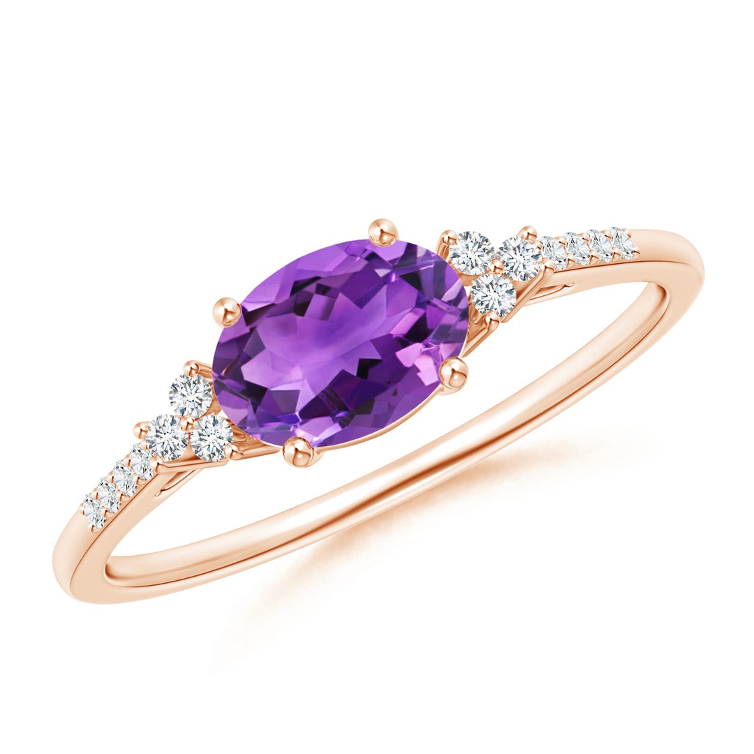 East-West Oval Amethyst Solitaire Engagement Ring with Moissanite Accents