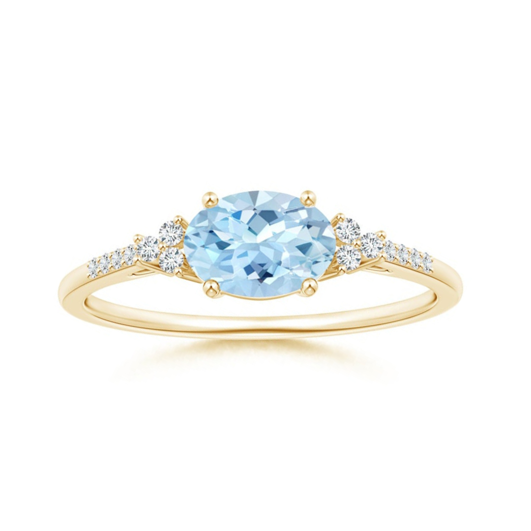 East-West Oval Aquamarine Solitaire Engagement Ring with Moissanite Accents