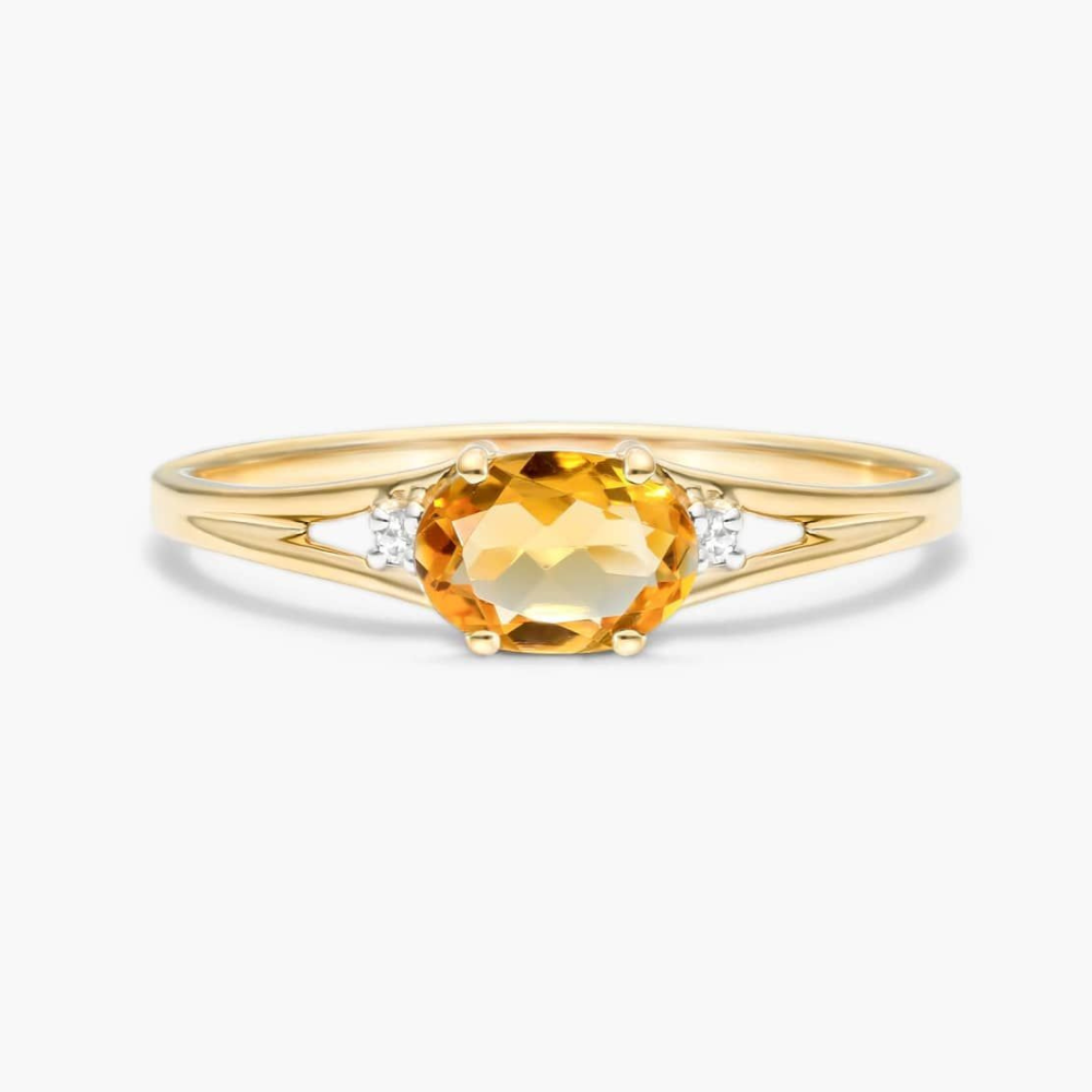 1.0CT East-West Oval Citrine with Moissanite Accents Engagement Ring
