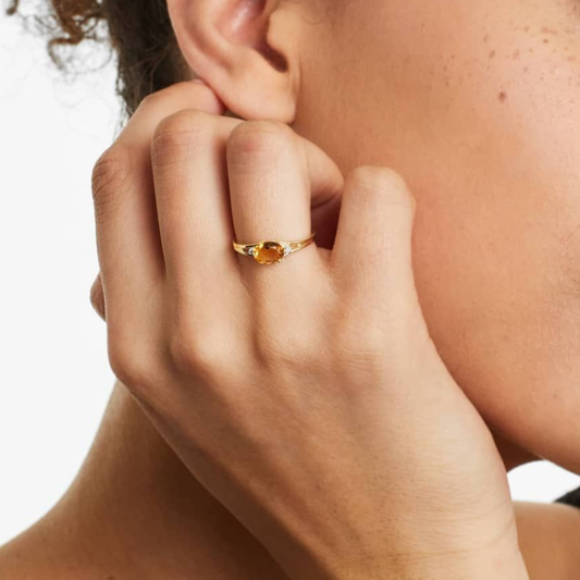 1.0CT East-West Oval Citrine with Moissanite Accents Engagement Ring