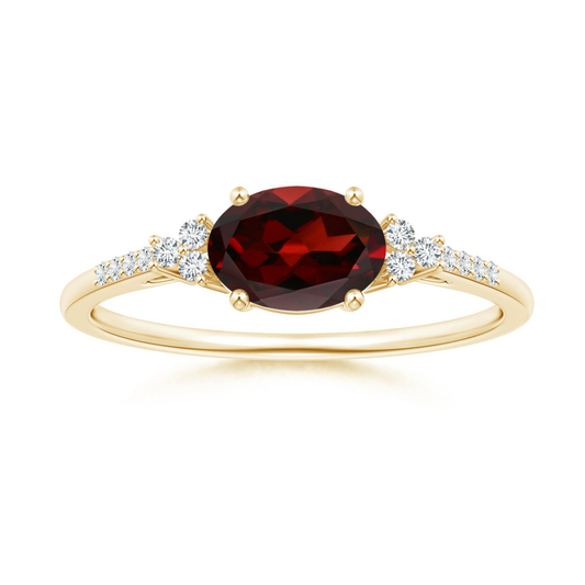 East-West Oval Garnet Solitaire Engagement Ring with Moissanite Accents