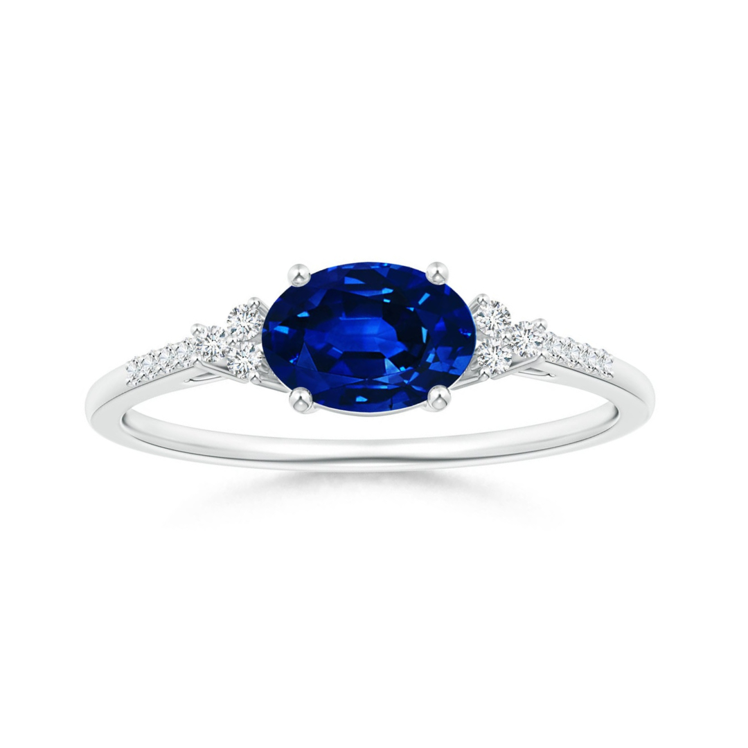 East-West Oval Lab Sapphire Solitaire Engagement Ring with Moissanite Accents