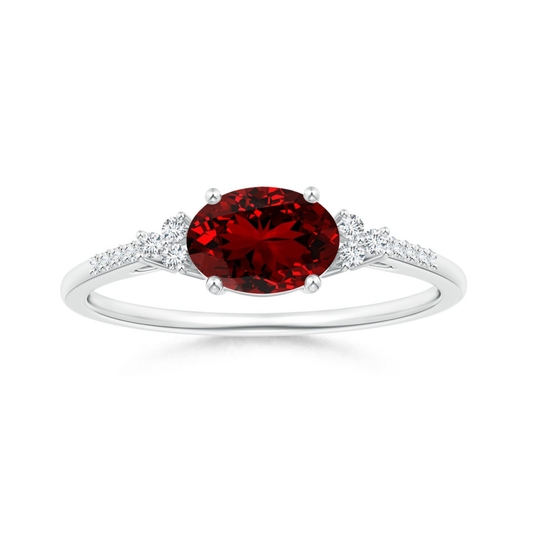 East-West Oval Lab Ruby Solitaire Engagement Ring with Moissanite Accents