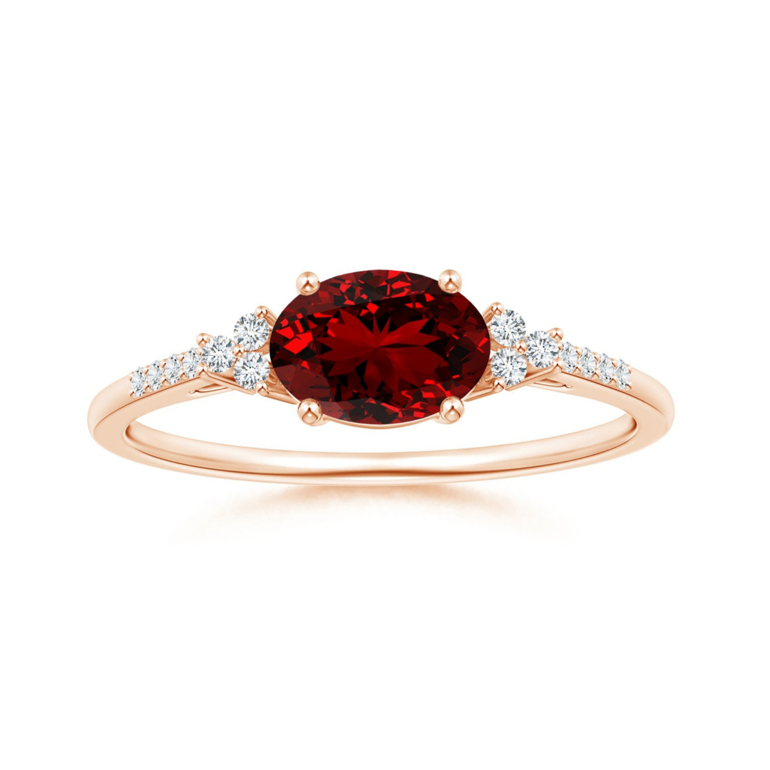 East-West Oval Lab Ruby Solitaire Engagement Ring with Moissanite Accents