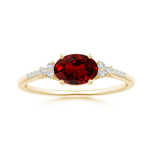 East-West Oval Lab Ruby Solitaire Engagement Ring with Moissanite Accents