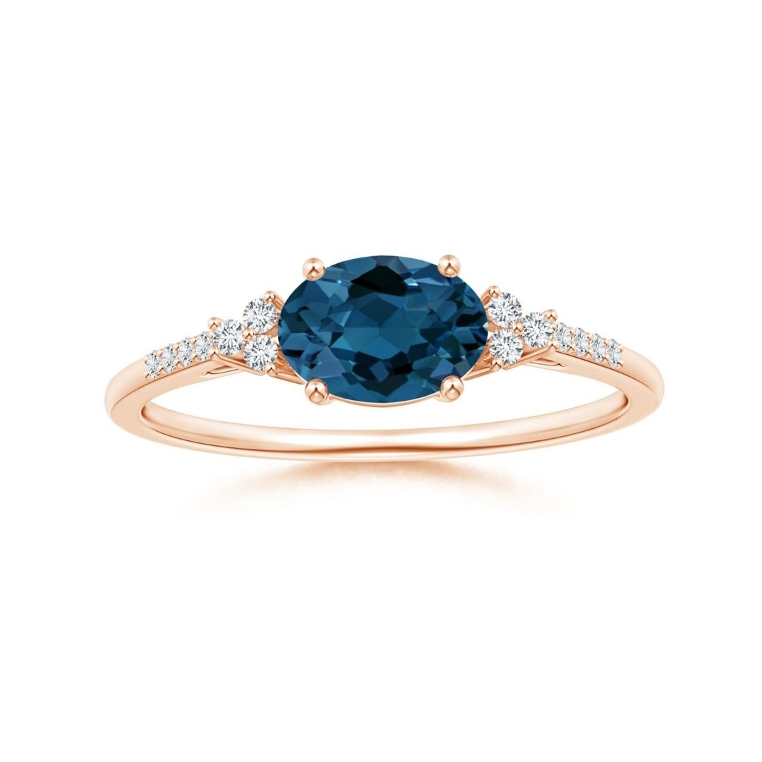East-West Oval London Blue Topaz Solitaire Engagement Ring with Moissanite Accents