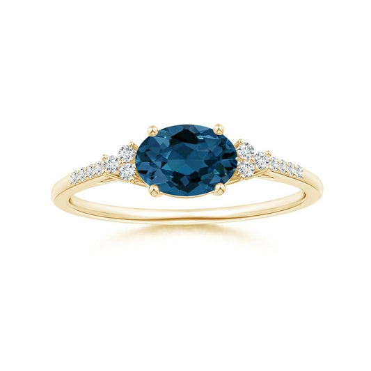 East-West Oval London Blue Topaz Solitaire Promise Ring with Moissanite Accents