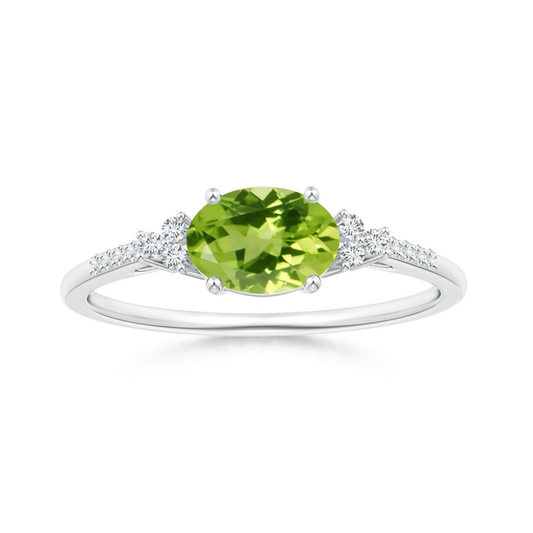 East-West Oval Peridot Solitaire Engagement Ring with Moissanite Accents