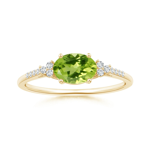 East-West Oval Peridot Solitaire Engagement Ring with Moissanite Accents