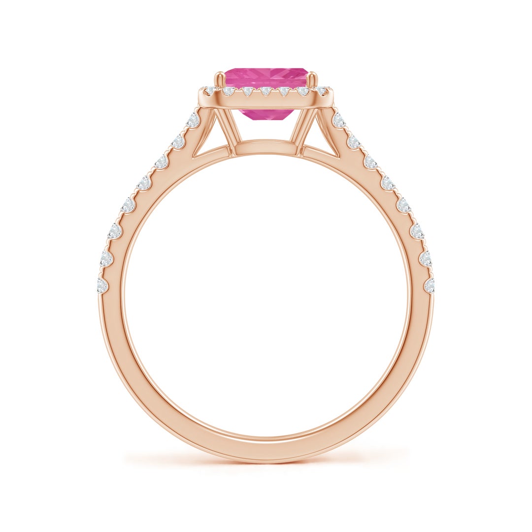 East–West Emerald Lab Pink Sapphire with Halo Moissanite Promise Ring