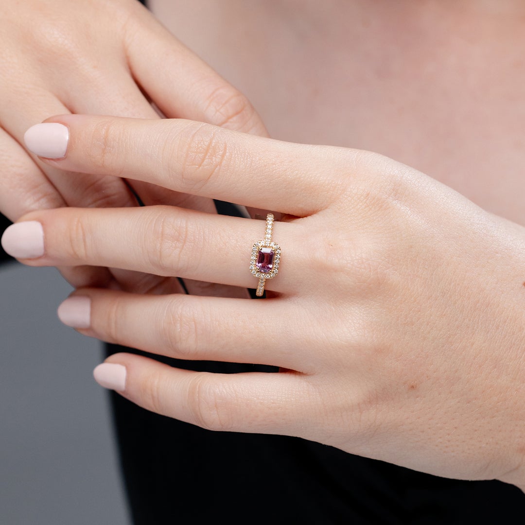 East–West Emerald Lab Pink Sapphire with Halo Moissanite Promise Ring